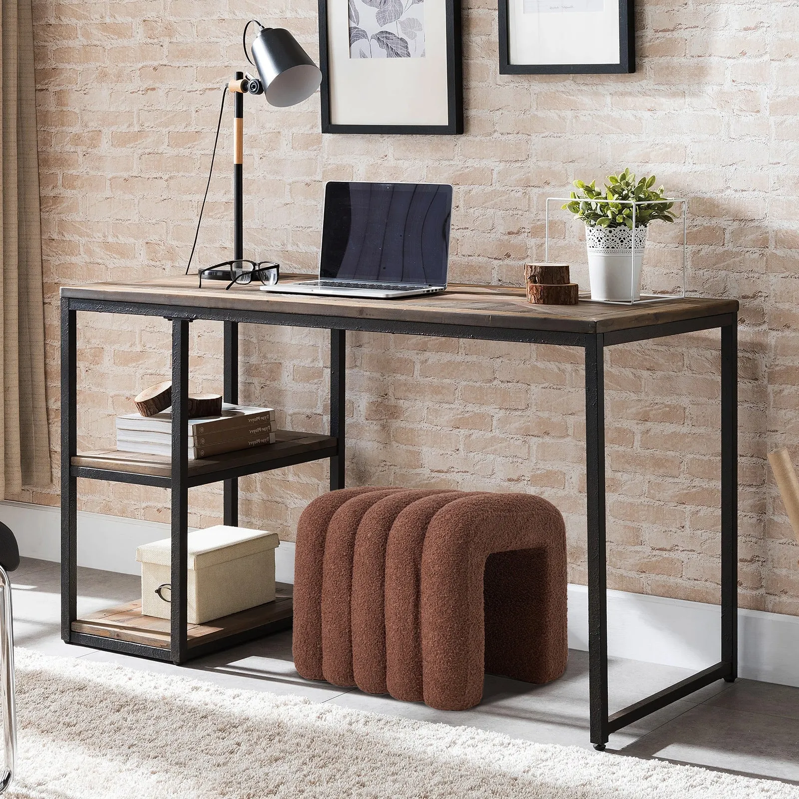 2X Ridge Arch Ottoman Stool | Teddy Fleece Fabric Foot Rest | 45cm | Brown