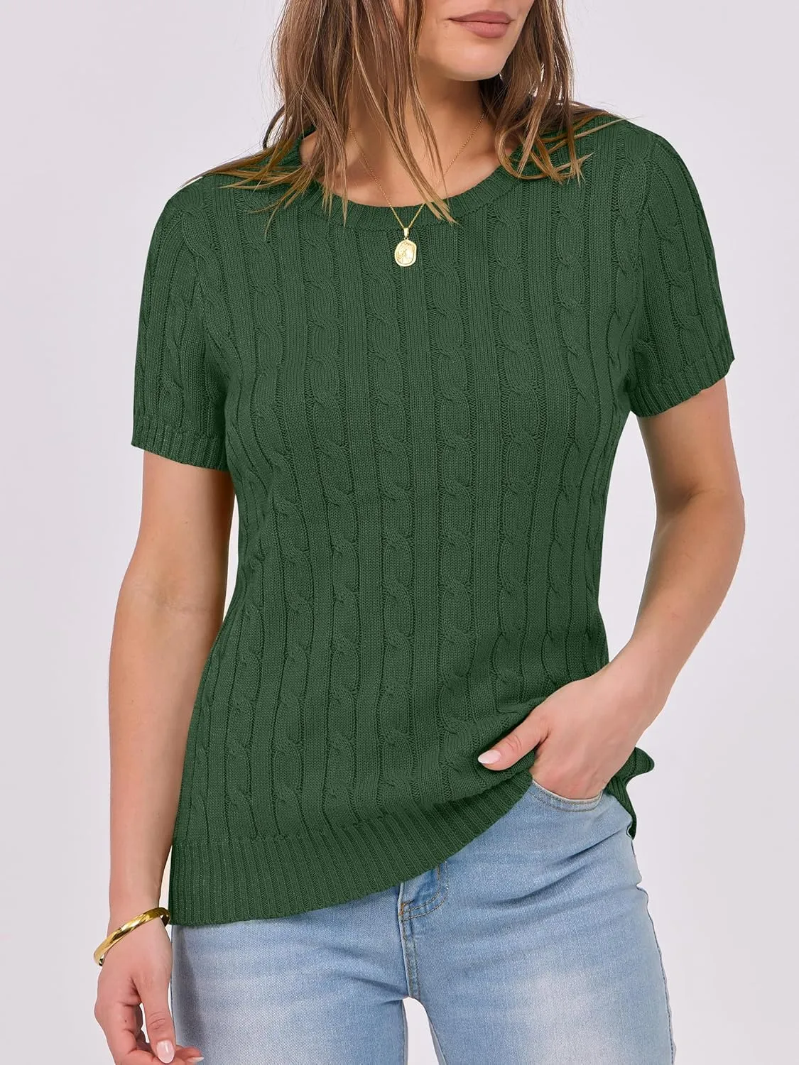 ANRABESS Womens Short Sleeve Sweaters Tops Crewneck Cable Knit Casual Soft Pullover Shirt 2025 Spring Summer Business Outfits