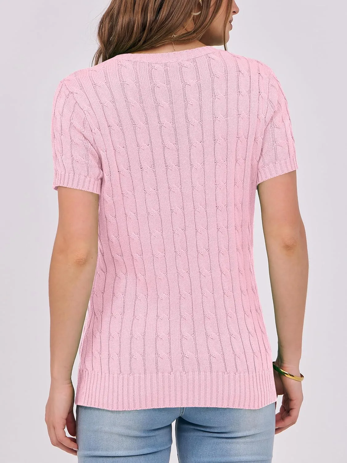 ANRABESS Womens Short Sleeve Sweaters Tops Crewneck Cable Knit Casual Soft Pullover Shirt 2025 Spring Summer Business Outfits