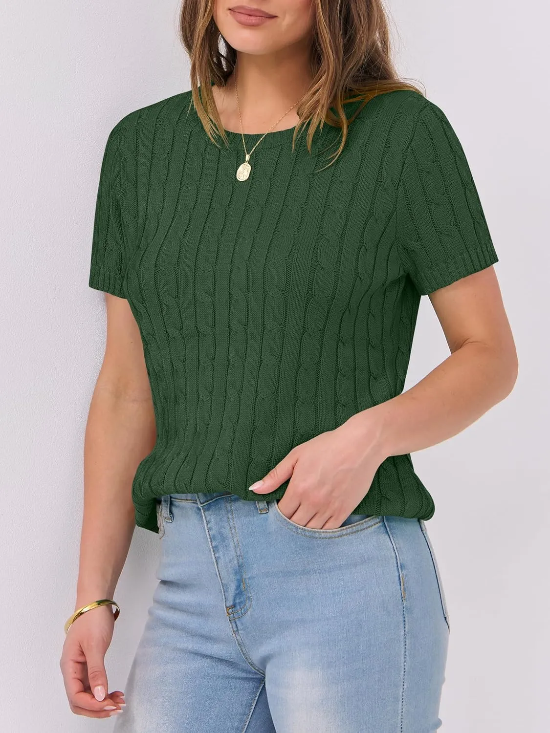 ANRABESS Womens Short Sleeve Sweaters Tops Crewneck Cable Knit Casual Soft Pullover Shirt 2025 Spring Summer Business Outfits