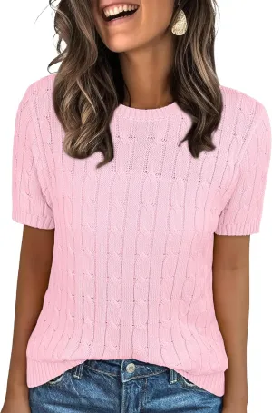ANRABESS Womens Short Sleeve Sweaters Tops Crewneck Cable Knit Casual Soft Pullover Shirt 2025 Spring Summer Business Outfits