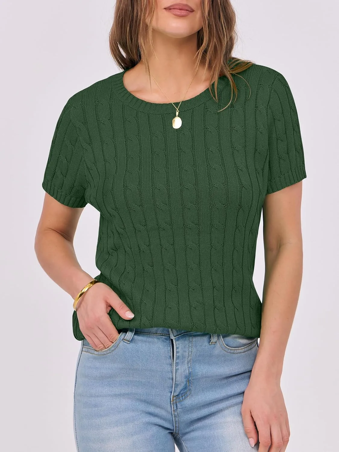 ANRABESS Womens Short Sleeve Sweaters Tops Crewneck Cable Knit Casual Soft Pullover Shirt 2025 Spring Summer Business Outfits