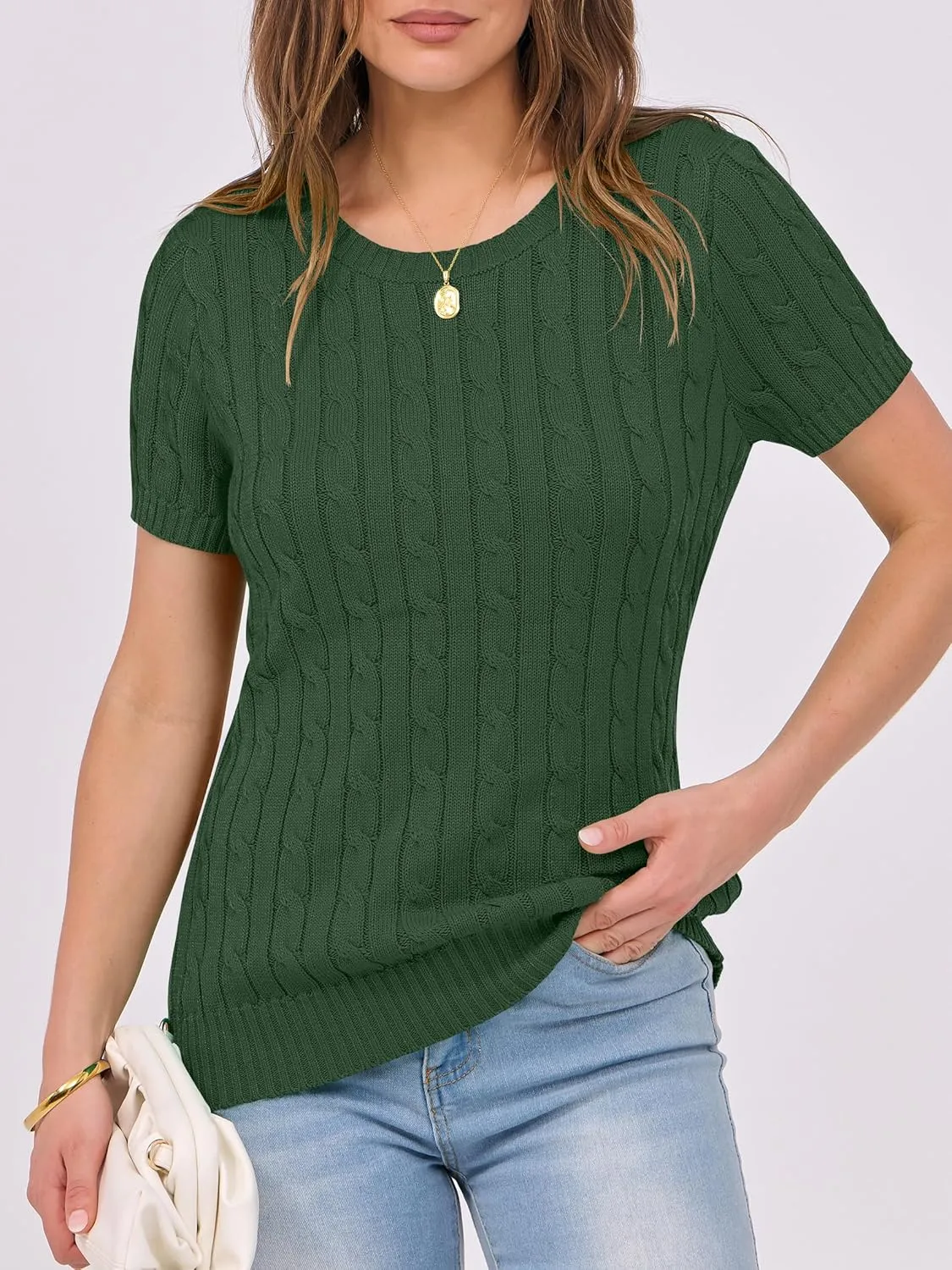 ANRABESS Womens Short Sleeve Sweaters Tops Crewneck Cable Knit Casual Soft Pullover Shirt 2025 Spring Summer Business Outfits