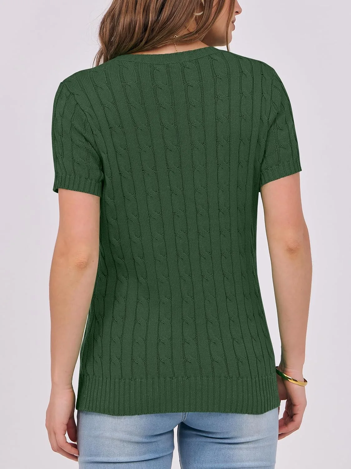 ANRABESS Womens Short Sleeve Sweaters Tops Crewneck Cable Knit Casual Soft Pullover Shirt 2025 Spring Summer Business Outfits