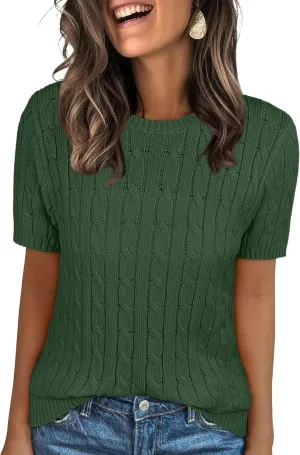 ANRABESS Womens Short Sleeve Sweaters Tops Crewneck Cable Knit Casual Soft Pullover Shirt 2025 Spring Summer Business Outfits