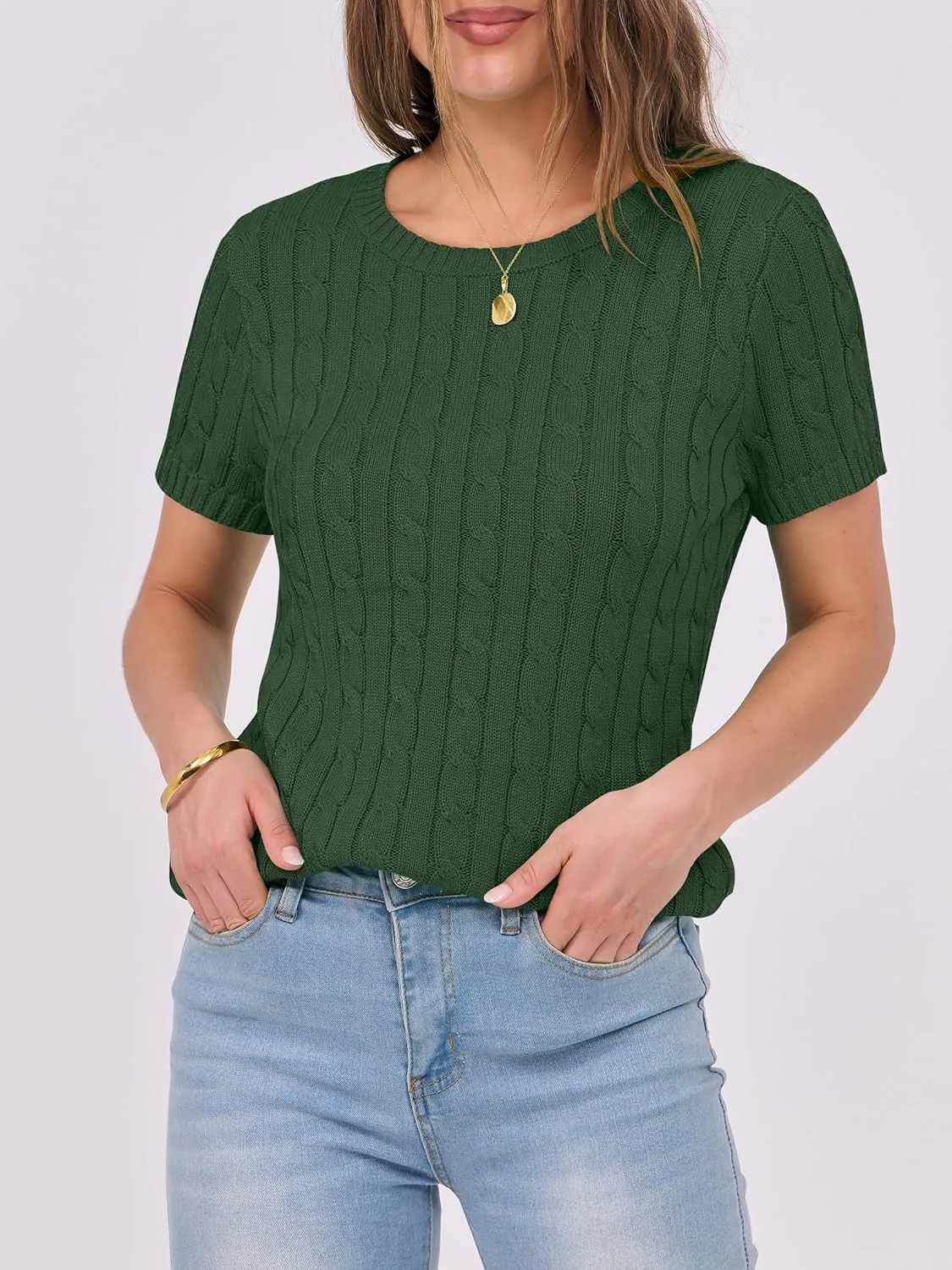 ANRABESS Womens Short Sleeve Sweaters Tops Crewneck Cable Knit Casual Soft Pullover Shirt 2025 Spring Summer Business Outfits