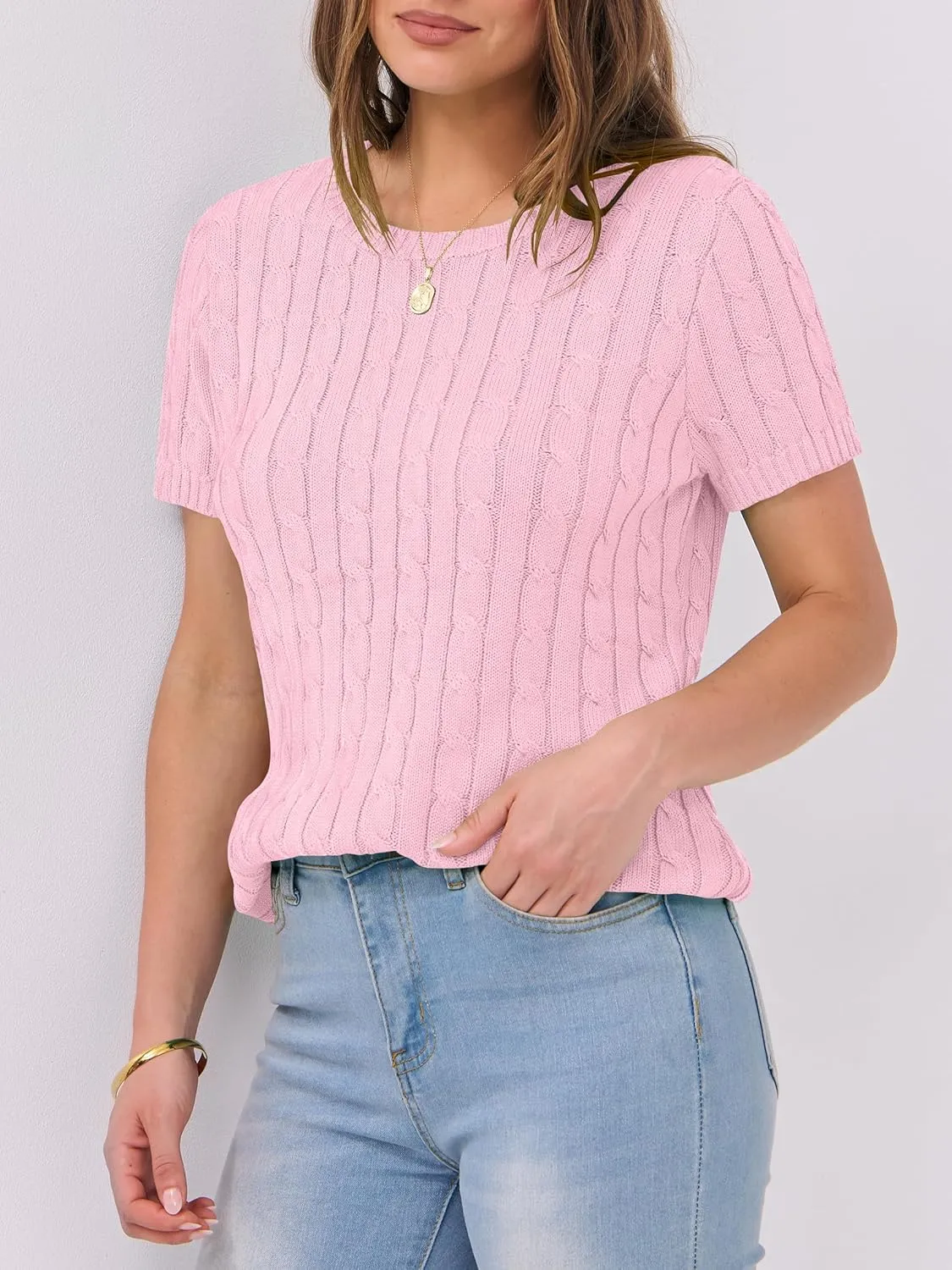 ANRABESS Womens Short Sleeve Sweaters Tops Crewneck Cable Knit Casual Soft Pullover Shirt 2025 Spring Summer Business Outfits