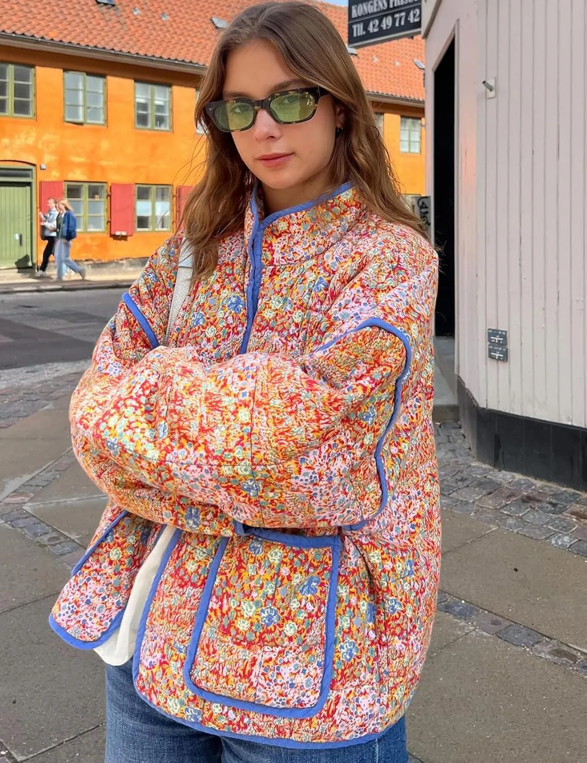 Arssm Women Floral Quilted Puffer Jacket Cropped Lightweight Patchwork Vintage Padded Short Coat Outerwear