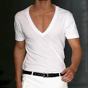 Basic White Deep V-Neck Cotton Short Sleeve T-Shirt