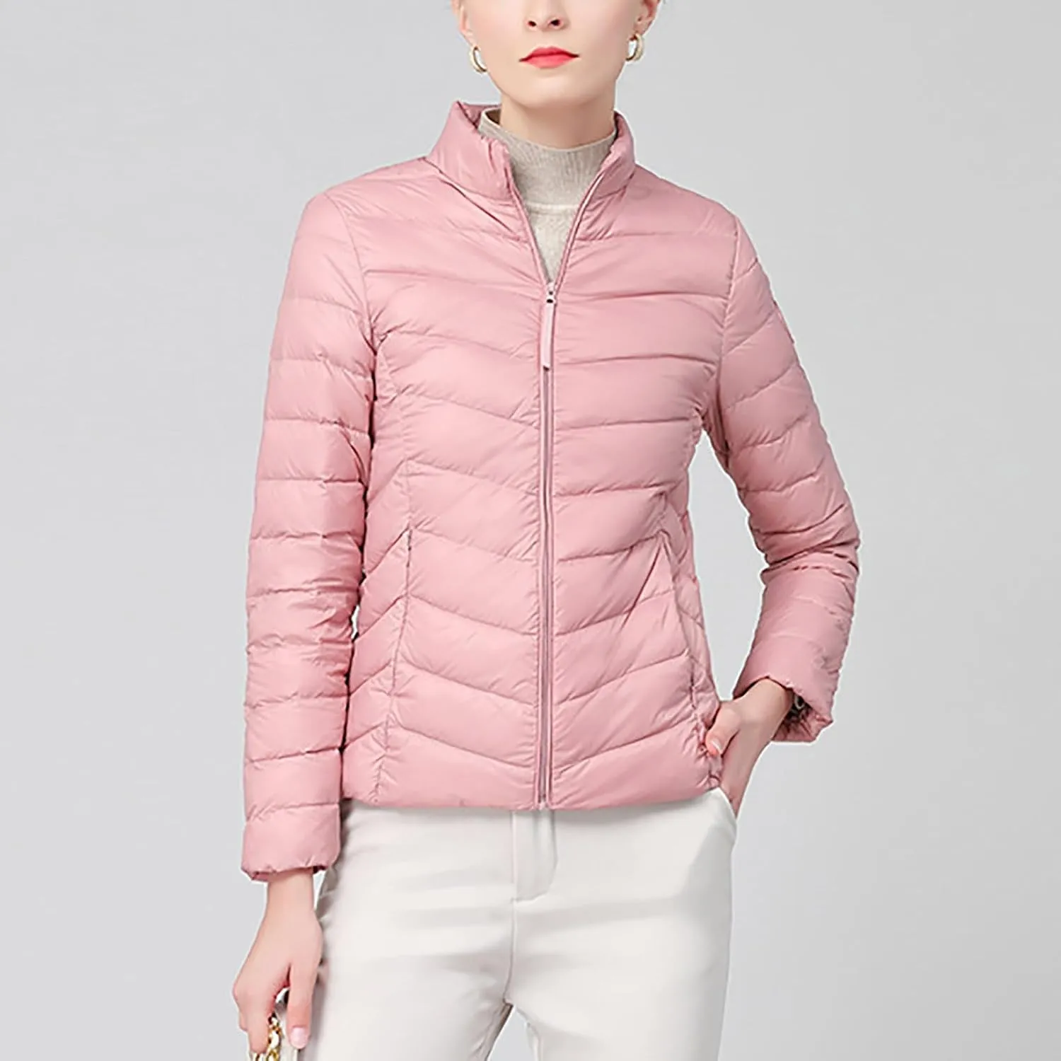 Borniu Women's Lightweight Puffer Jacket Stand Collar Zip Up Quilted Winter Coat Casual Slim Fit Warm Down Jackets