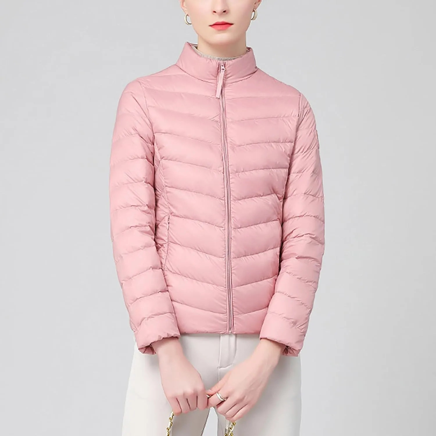 Borniu Women's Lightweight Puffer Jacket Stand Collar Zip Up Quilted Winter Coat Casual Slim Fit Warm Down Jackets