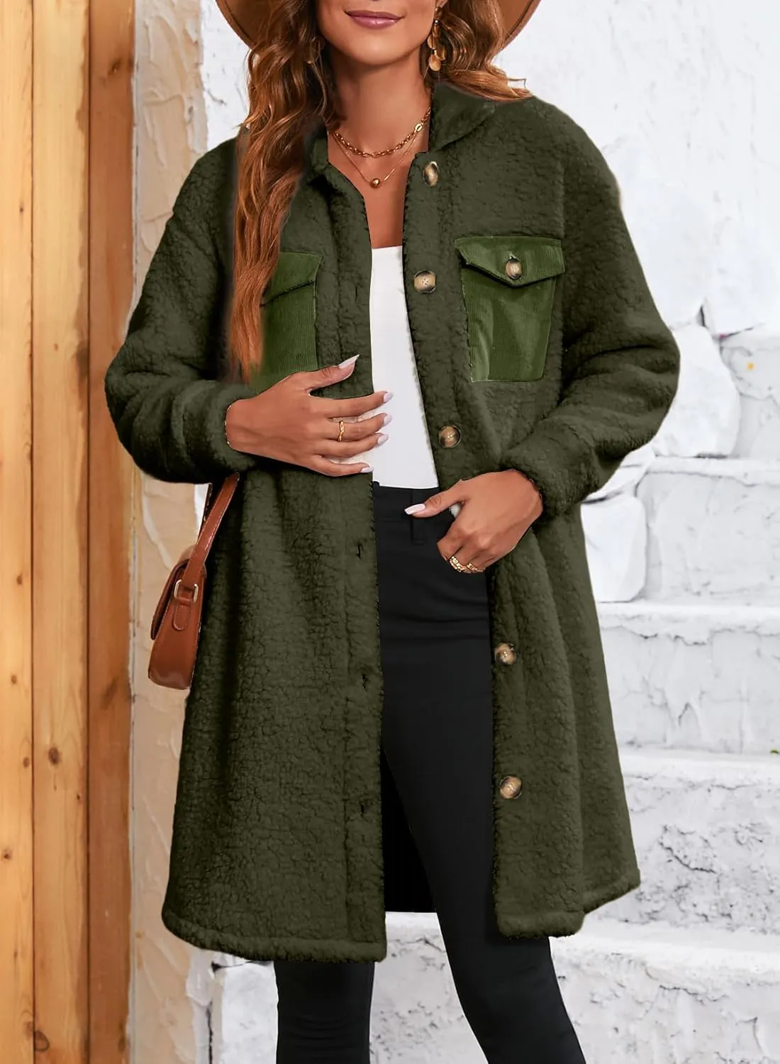 EVALESS Fuzzy Fleece Jackets for Women Fashion Long Sleeve Lapel Button Down Long Teddy Coat Faux Fur Warm Winter Outwear