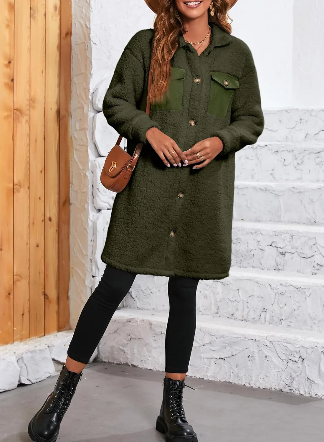 EVALESS Fuzzy Fleece Jackets for Women Fashion Long Sleeve Lapel Button Down Long Teddy Coat Faux Fur Warm Winter Outwear