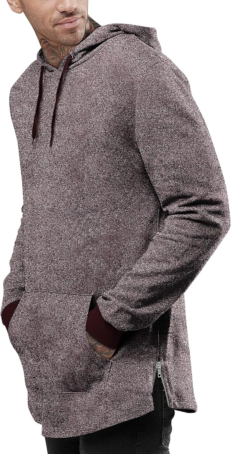 Hat and Beyond Mens Lightweight Marled Longline Zipper Hipster Hoodie Brushed Fleece Pullover