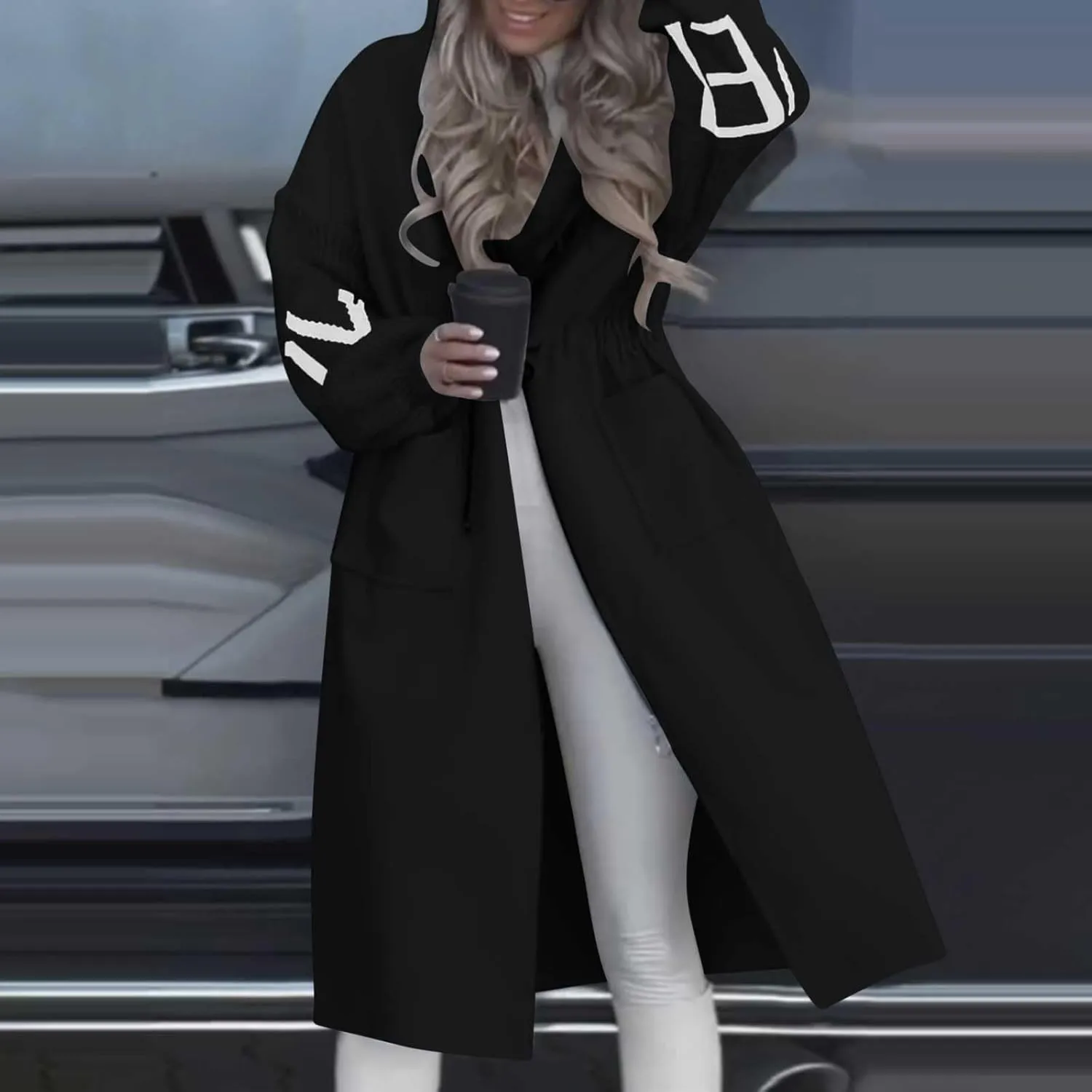 Long Jackets for Women Trendy Wool Coat Oversized Peacoat Drawstring Waist Overcoat Open Front Coat Cardigan Jacket