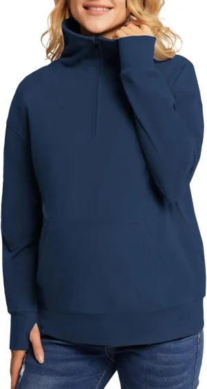 Maacie Maternity Sweatshirts Lapel Half Zip Thermal Fleece Pullover with Thumbholes & Kangaroo Pocket