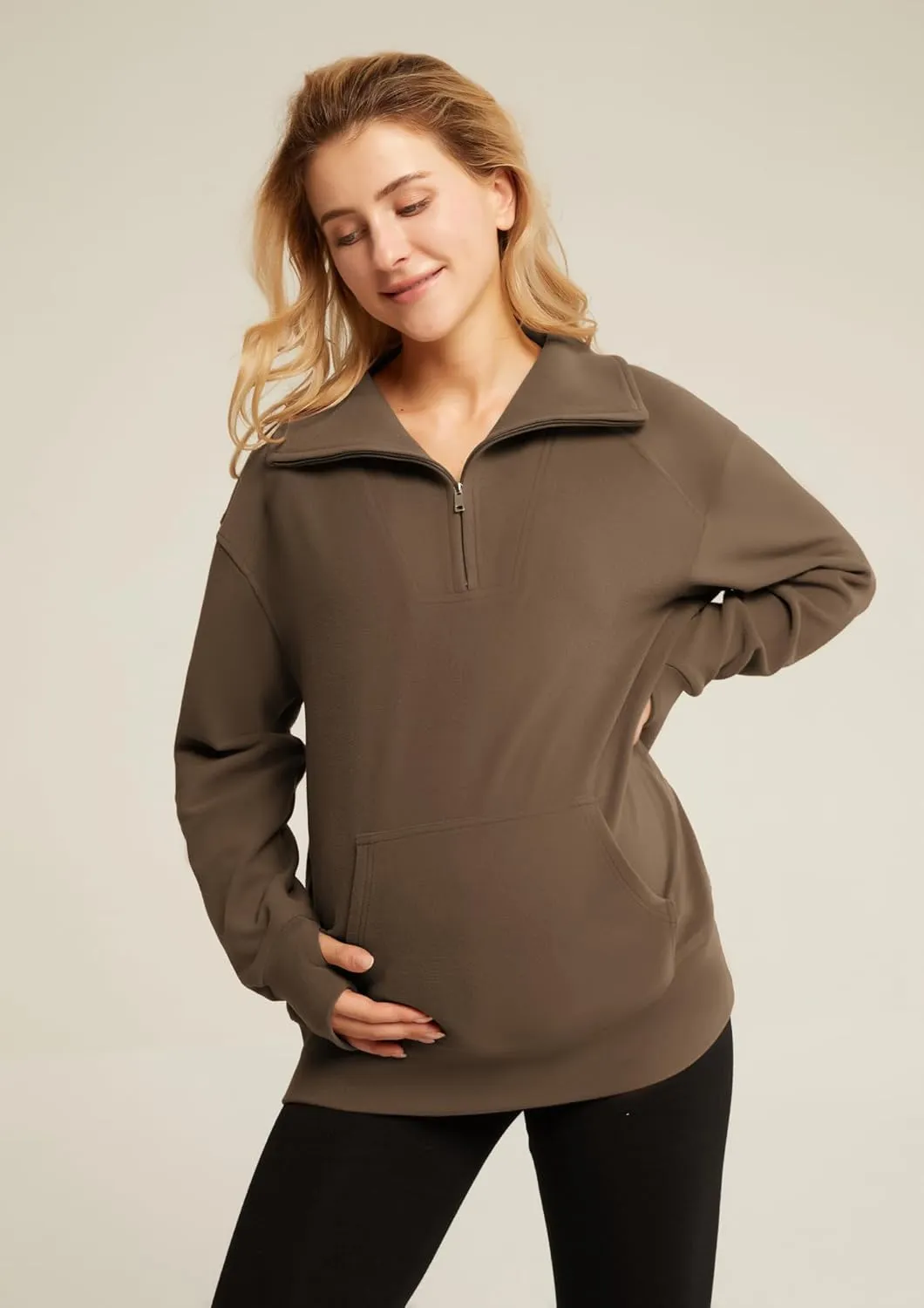 Maacie Maternity Sweatshirts Lapel Half Zip Thermal Fleece Pullover with Thumbholes & Kangaroo Pocket