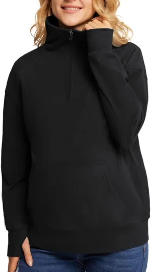 Maacie Maternity Sweatshirts Lapel Half Zip Thermal Fleece Pullover with Thumbholes & Kangaroo Pocket
