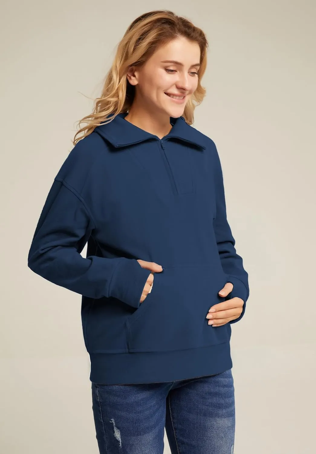 Maacie Maternity Sweatshirts Lapel Half Zip Thermal Fleece Pullover with Thumbholes & Kangaroo Pocket