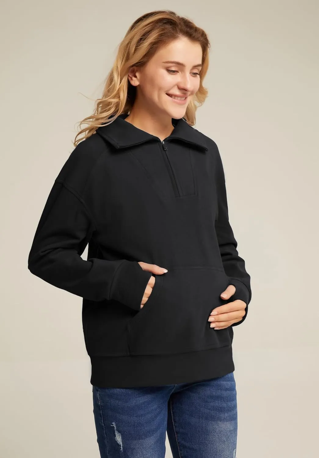 Maacie Maternity Sweatshirts Lapel Half Zip Thermal Fleece Pullover with Thumbholes & Kangaroo Pocket