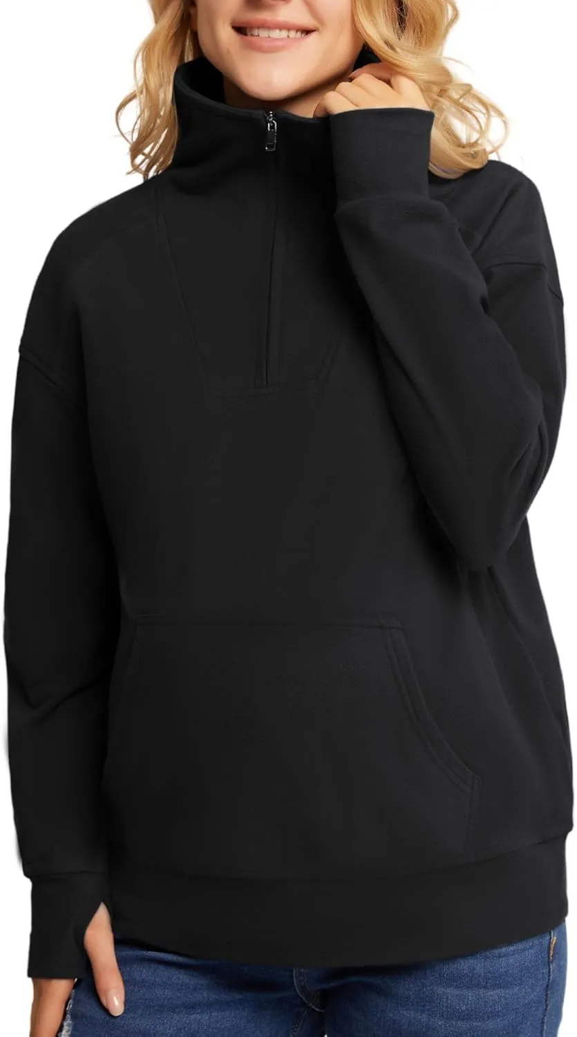 Maacie Maternity Sweatshirts Lapel Half Zip Thermal Fleece Pullover with Thumbholes & Kangaroo Pocket