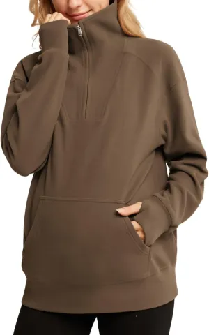 Maacie Maternity Sweatshirts Lapel Half Zip Thermal Fleece Pullover with Thumbholes & Kangaroo Pocket