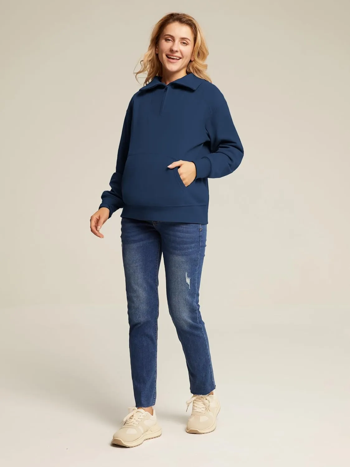 Maacie Maternity Sweatshirts Lapel Half Zip Thermal Fleece Pullover with Thumbholes & Kangaroo Pocket