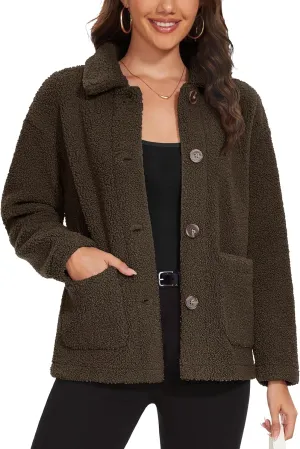 MAGCOMSEN Womens Sherpa Fleece Jackets Fuzzy Warm Winter Jackets Button Down Coat Long Sleeve Outwear with Pockets