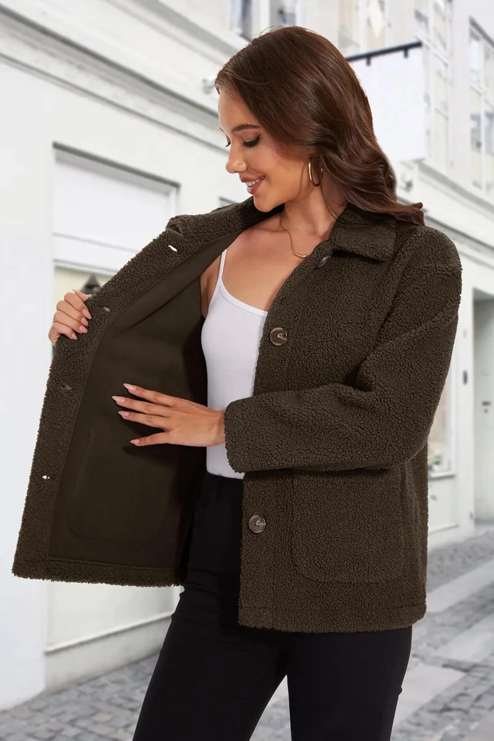 MAGCOMSEN Womens Sherpa Fleece Jackets Fuzzy Warm Winter Jackets Button Down Coat Long Sleeve Outwear with Pockets