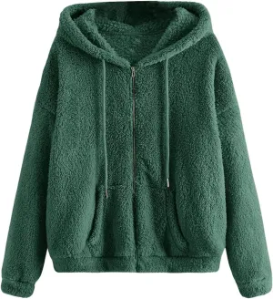 MakeMeChic Women's Faux Fur Coat Long Sleeve Zip Up Fuzzy Hoodie Lightweight Teddy Bear Fleece Jacket