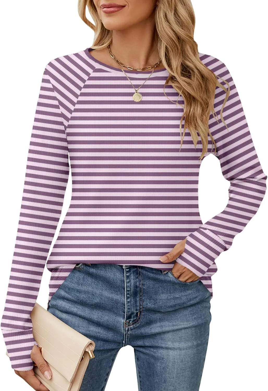 Naggoo Womens Waffle Knit Top Loose Long Sleeve Tunic Tops Crewneck Fall Shirts Blouse with Thumb Hole Casual 2024
