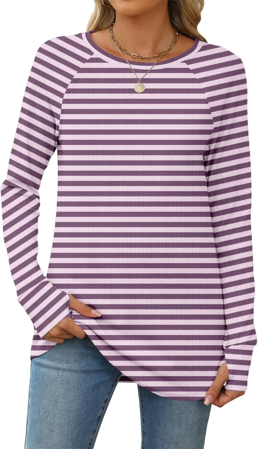 Naggoo Womens Waffle Knit Top Loose Long Sleeve Tunic Tops Crewneck Fall Shirts Blouse with Thumb Hole Casual 2024