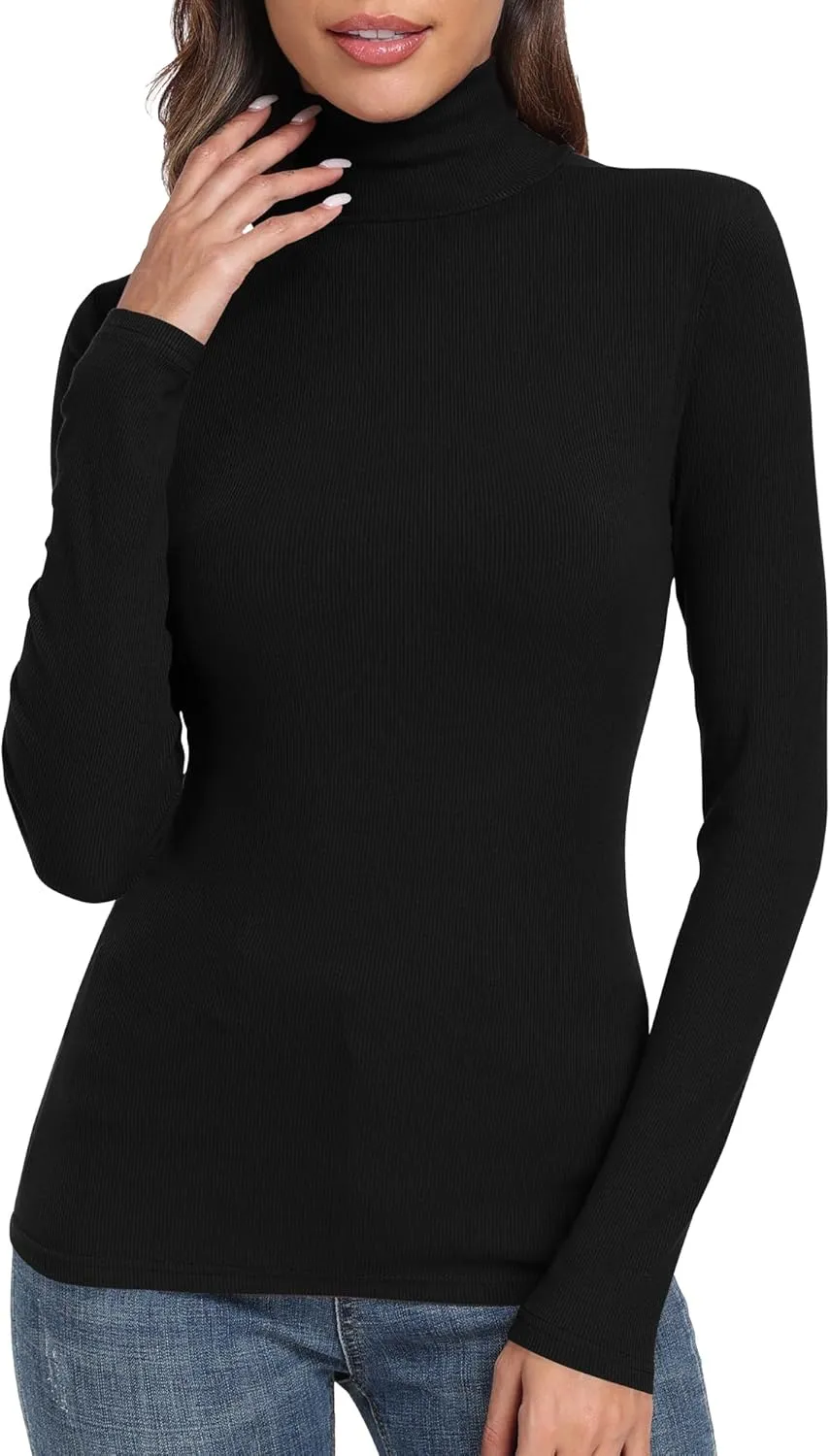 PALINDA Women's Ribbed Turtleneck Fitted Long Sleeve Shirts Basic Thermal Layering Tops