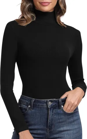PALINDA Women's Ribbed Turtleneck Fitted Long Sleeve Shirts Basic Thermal Layering Tops