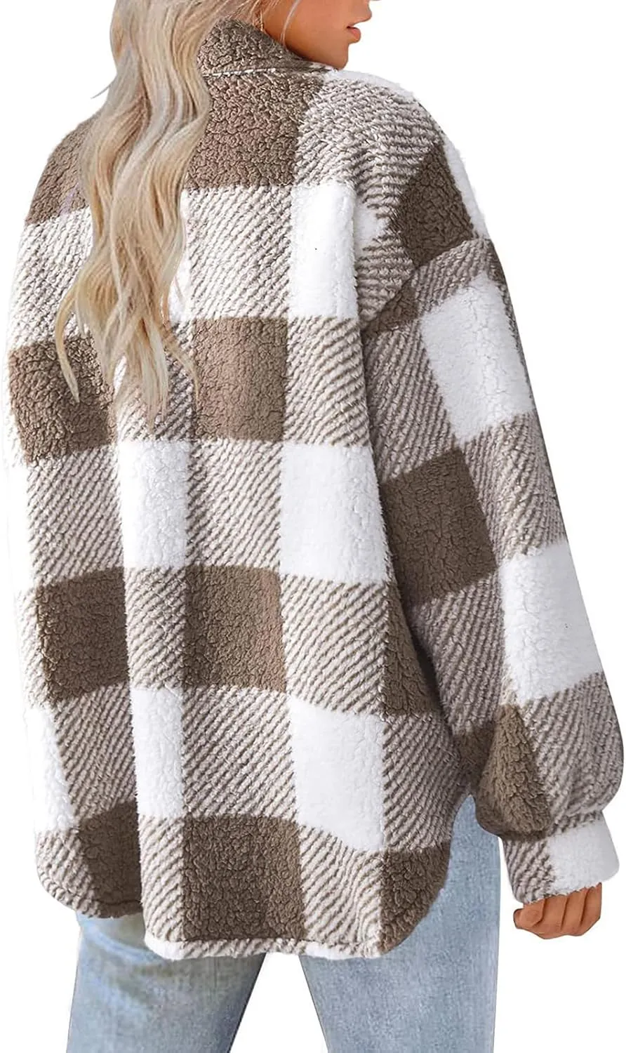 Plaid Flannel Shacket Women Button Down Plus Size Sherpa Fleece Shirt Jacket Long Sleeve Warm Fuzzy Teddy Coats