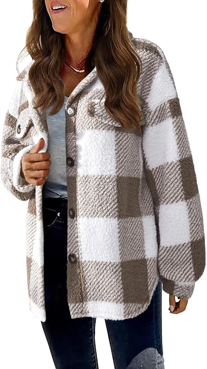 Plaid Flannel Shacket Women Button Down Plus Size Sherpa Fleece Shirt Jacket Long Sleeve Warm Fuzzy Teddy Coats