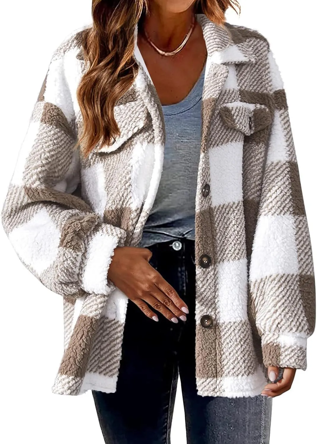 Plaid Flannel Shacket Women Button Down Plus Size Sherpa Fleece Shirt Jacket Long Sleeve Warm Fuzzy Teddy Coats