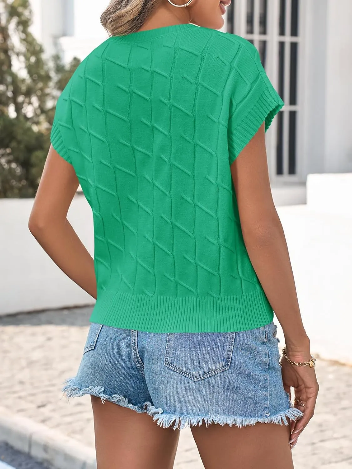 Saodimallsu Womens Cap Sleeve Sweater Tops Cable Knit Crew Neck Summer Lightweight Oversized Loose Vest Top