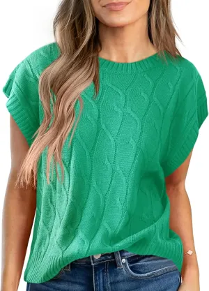 Saodimallsu Womens Cap Sleeve Sweater Tops Cable Knit Crew Neck Summer Lightweight Oversized Loose Vest Top