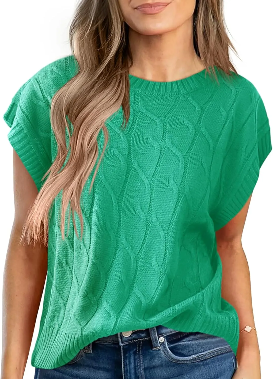 Saodimallsu Womens Cap Sleeve Sweater Tops Cable Knit Crew Neck Summer Lightweight Oversized Loose Vest Top