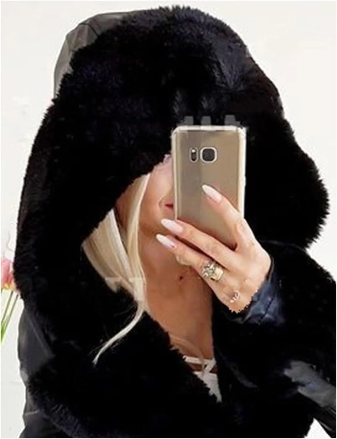 Sexyshine Women's Faux Leather Jackets Hooded Faux Fur Trim Fleece Lined Ruffle Pleated Sherpa Parka Coat with Belt