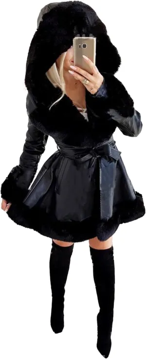 Sexyshine Women's Faux Leather Jackets Hooded Faux Fur Trim Fleece Lined Ruffle Pleated Sherpa Parka Coat with Belt
