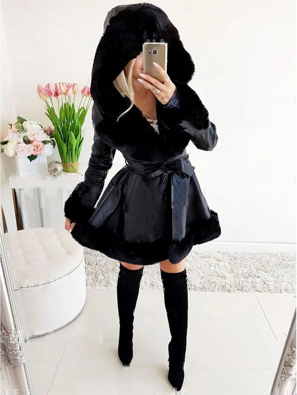 Sexyshine Women's Faux Leather Jackets Hooded Faux Fur Trim Fleece Lined Ruffle Pleated Sherpa Parka Coat with Belt
