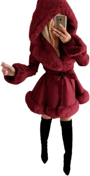 Sexyshine Women's Faux Leather Jackets Hooded Faux Fur Trim Fleece Lined Ruffle Pleated Sherpa Parka Coat with Belt
