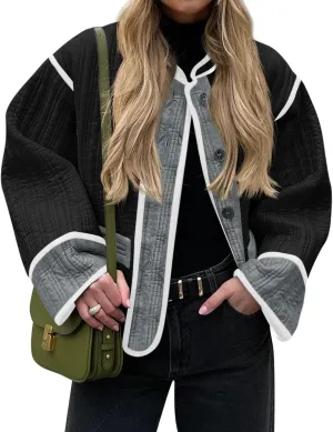 Tankaneo Womens Cropped Quilted Jacket Color Block Lightweight Button Down Coats Fall Casual Puffer Outerwear