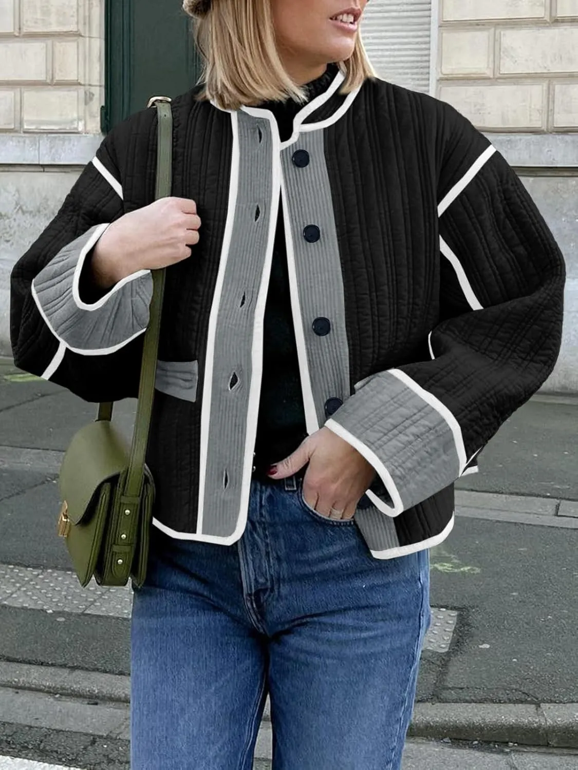 Tankaneo Womens Cropped Quilted Jacket Color Block Lightweight Button Down Coats Fall Casual Puffer Outerwear