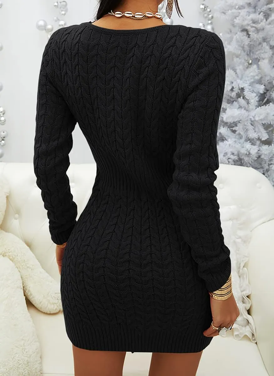 Veatzaer Womens Zipper V-Neck Casual Slim Fit Sweater Dress Long Sleeve Solid Sweaters Knit Mini Dress