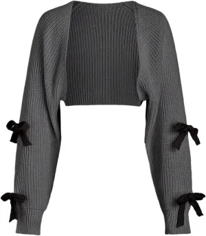 Verdusa Women's Bow Knot Open Front Long Sleeve Knitted Crop Cute Cardigan Sweater