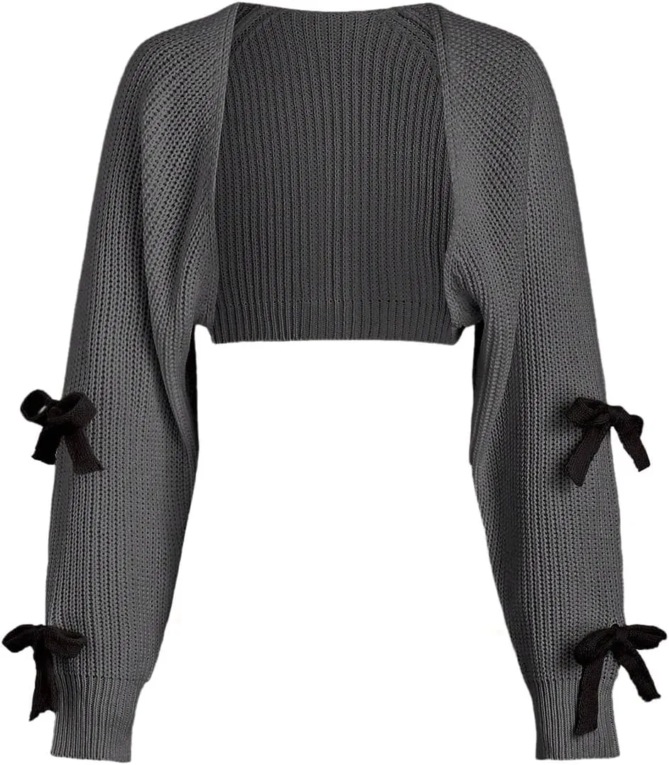Verdusa Women's Bow Knot Open Front Long Sleeve Knitted Crop Cute Cardigan Sweater