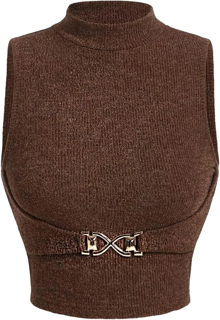 Verdusa Women's Mock Neck Ribbed Knitted Tank Top Sleeveless Fitted Crop Knit Tops